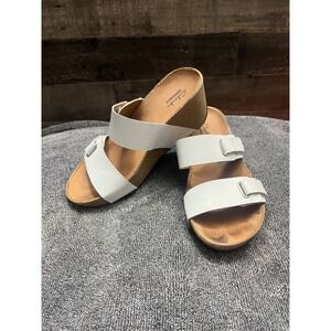 Clarks Collection White Double Strap Wedge Sandals Cork Heel Coastal Preppy Boho